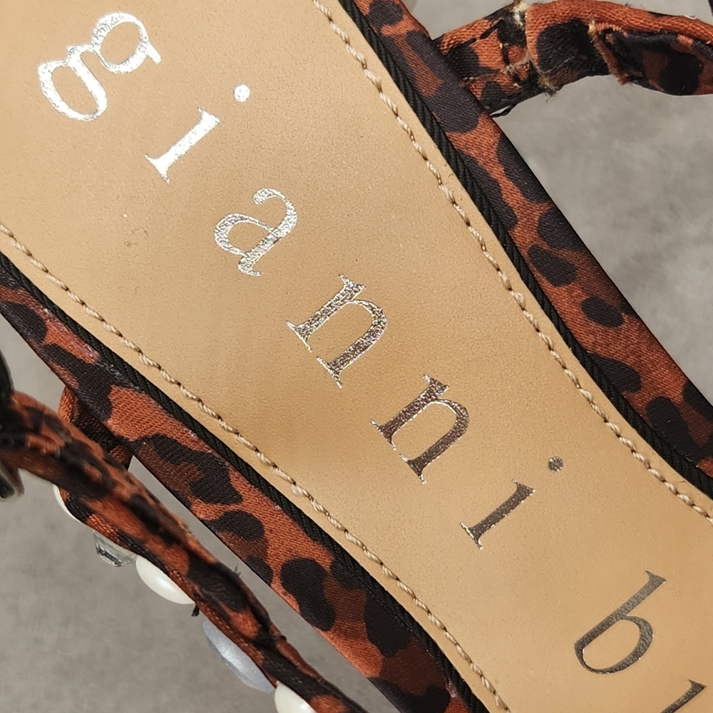 Gianni Bini Platform Sandals 8 Brown Leopard Satin Calvan Two Jeweled New $150 - Picture 16 of 17